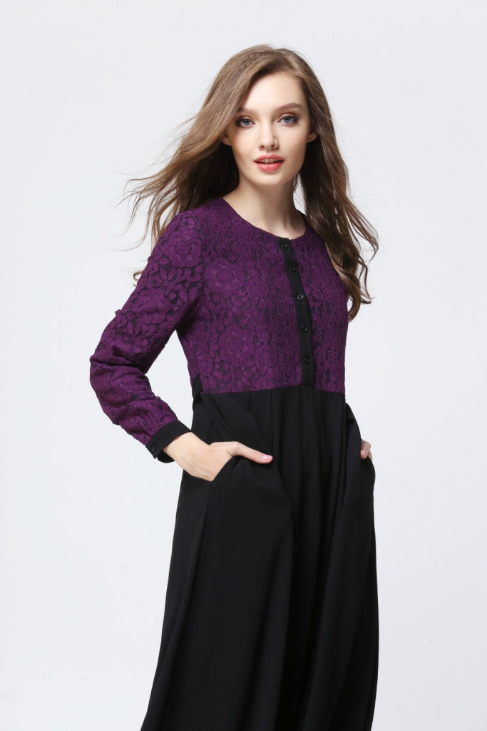 Purple and Black Lace Pleated Dress - Chaddors