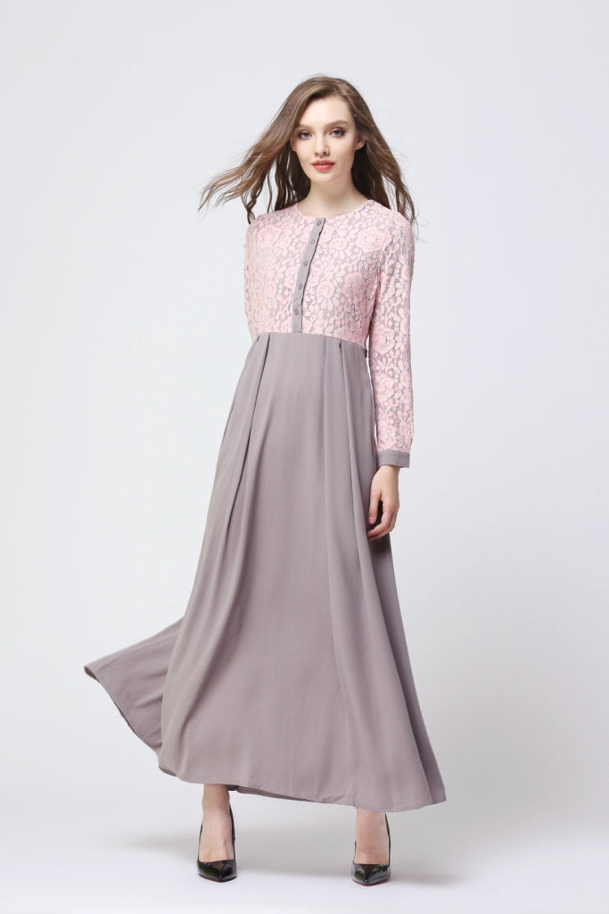 Pink and Gray Lace Pleated Dress - Chaddors