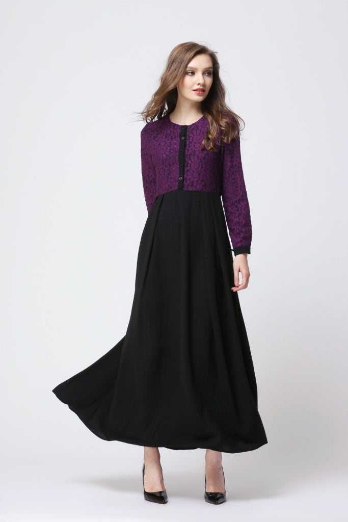 Purple and Black Lace Pleated Dress - Chaddors