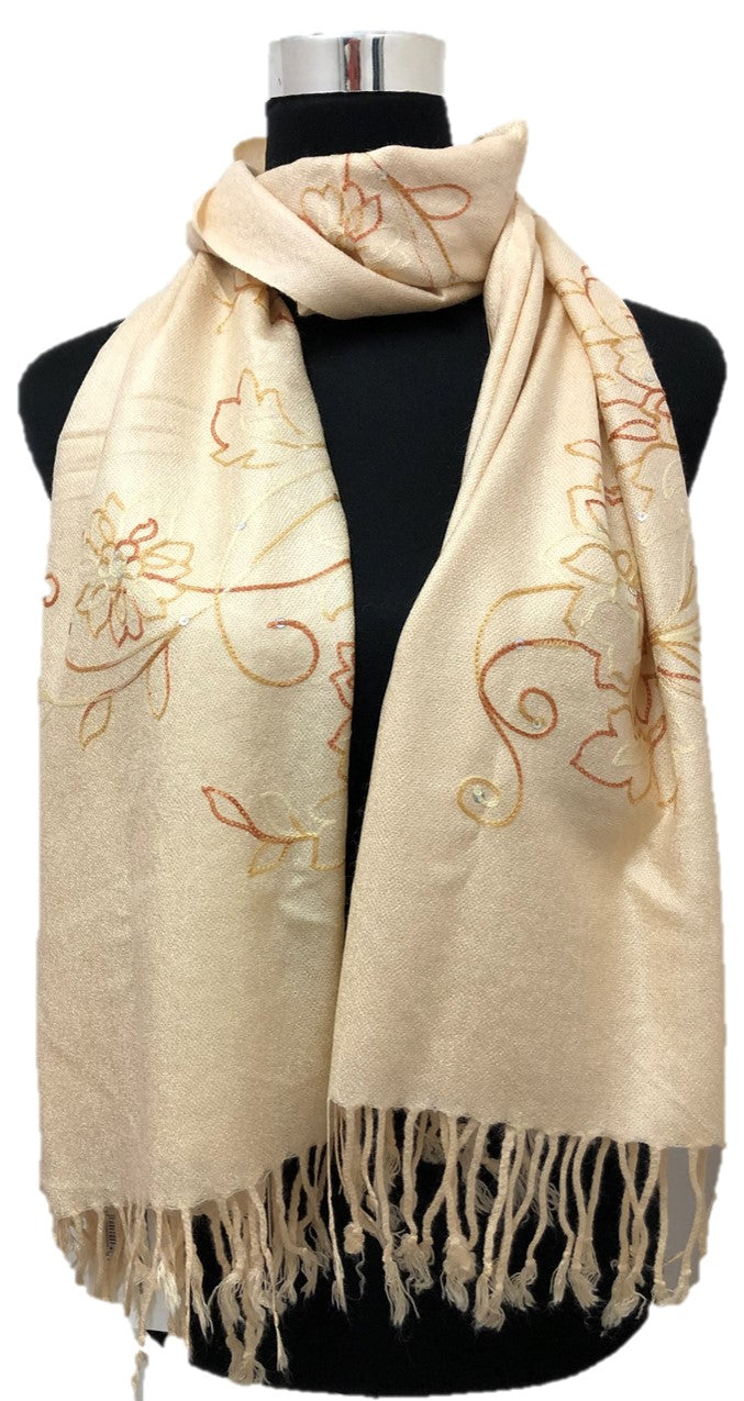 Beige Sequence and Embroidery Pashmina - Chaddors