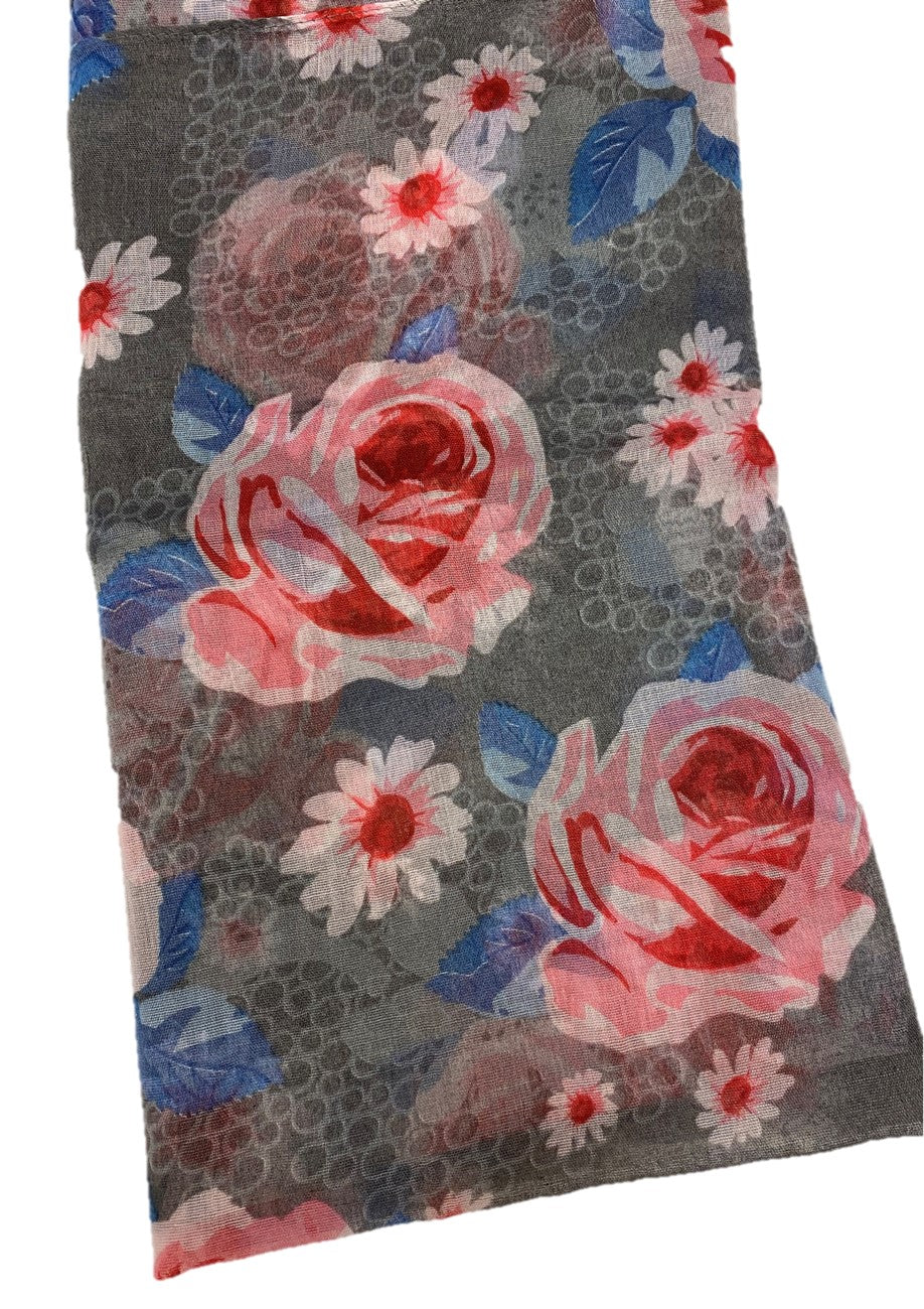 Gray/Pink Flowers Viscose Printed - Chaddors