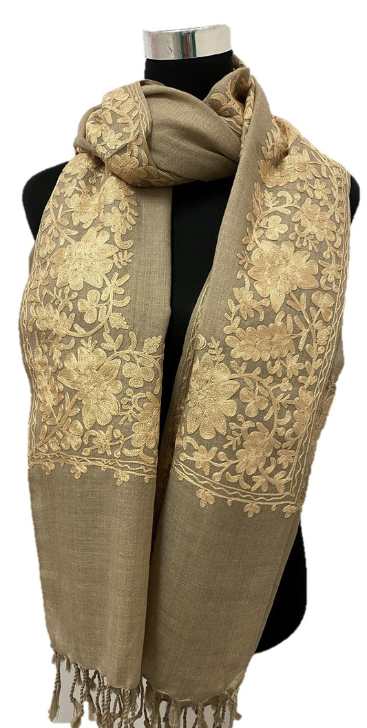 Pure Pashmina Tan Aari Embroidered Scarf