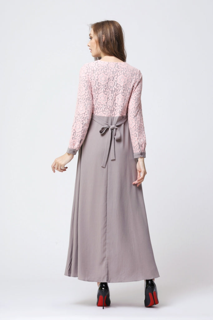 Pink and Gray Lace Pleated Dress - Chaddors