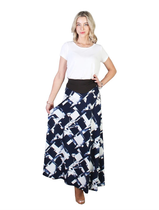 Navy Abstract Print A-Line Midi Skirt - Chaddors