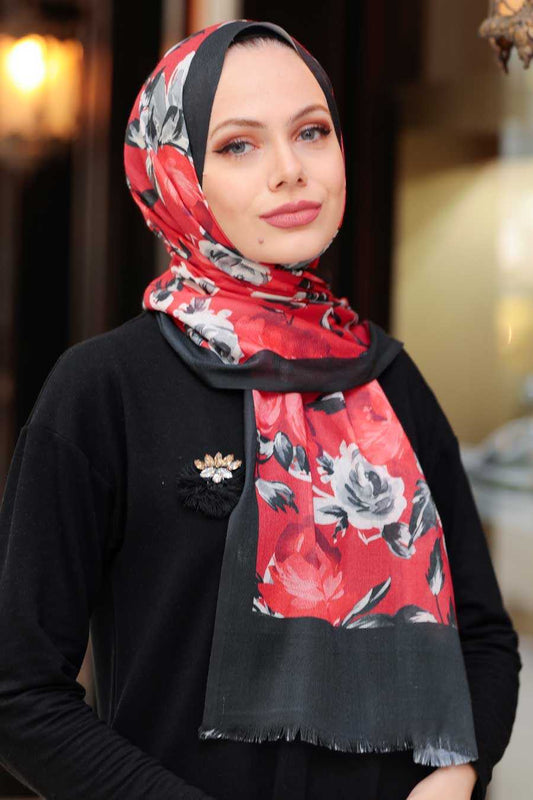 Red Printed Turkish Hijab