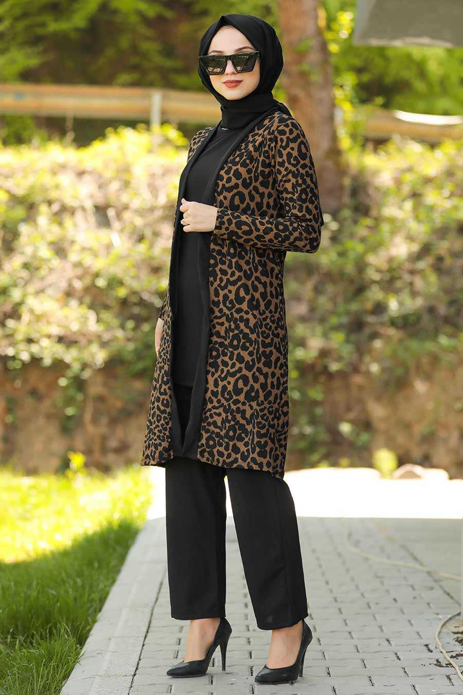 Brown Animal Print 3 Piece Turkish Suit - Chaddors