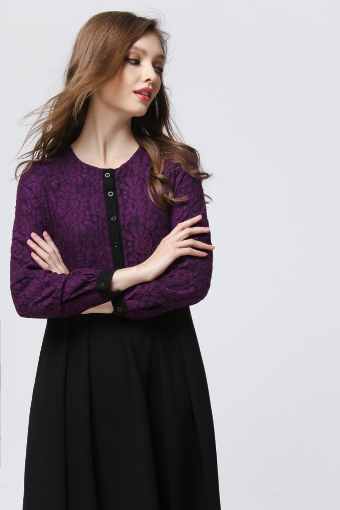 Purple and Black Lace Pleated Dress - Chaddors