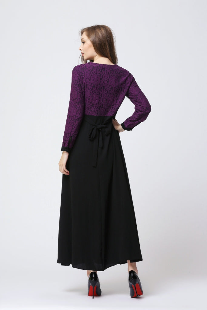 Purple and Black Lace Pleated Dress - Chaddors