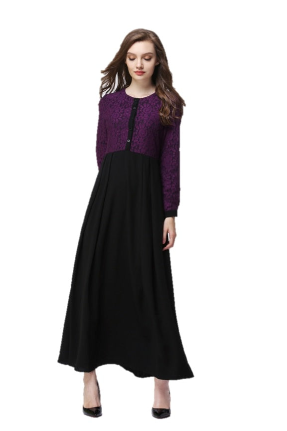 Purple and Black Lace Pleated Dress - Chaddors