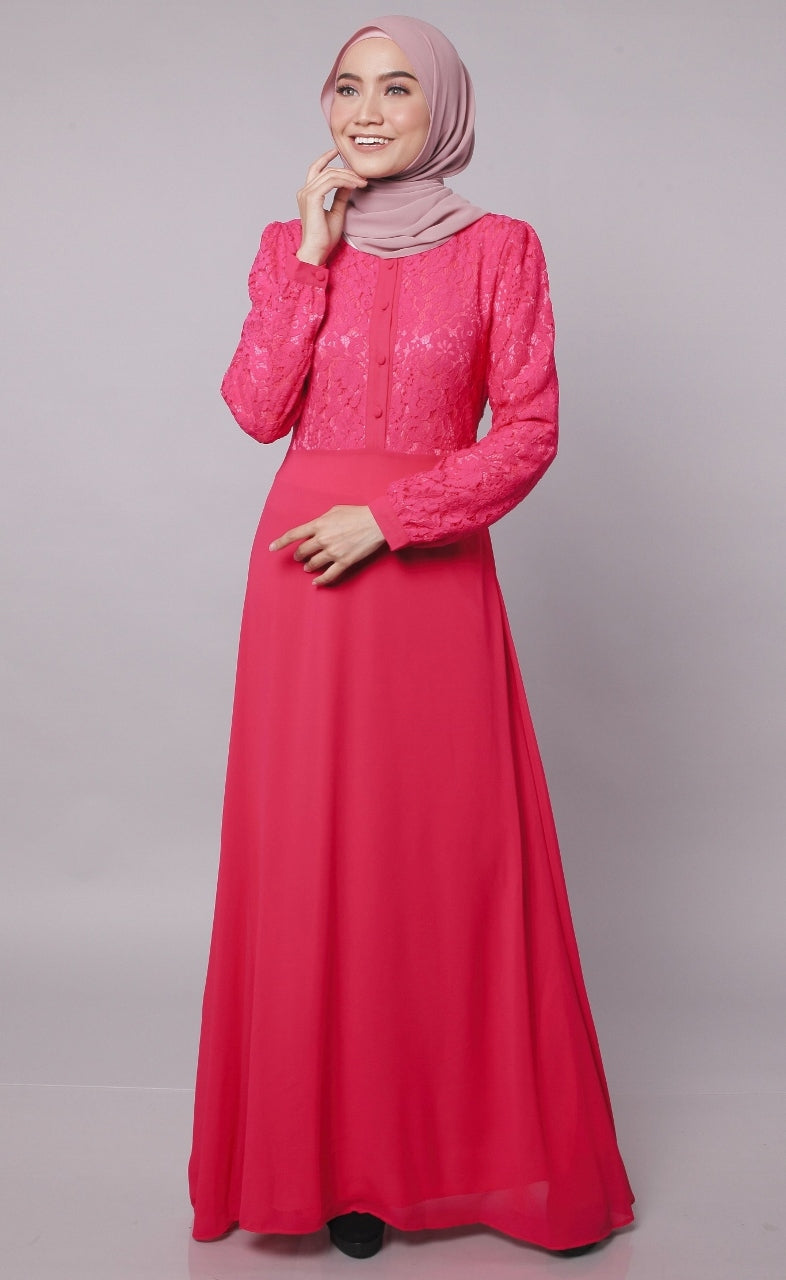 Fuschia Pink Lace Body Dress - Chaddors