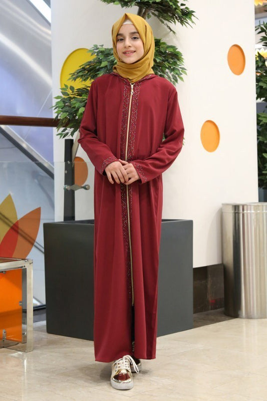 Maroon Hooded Girls Abaya