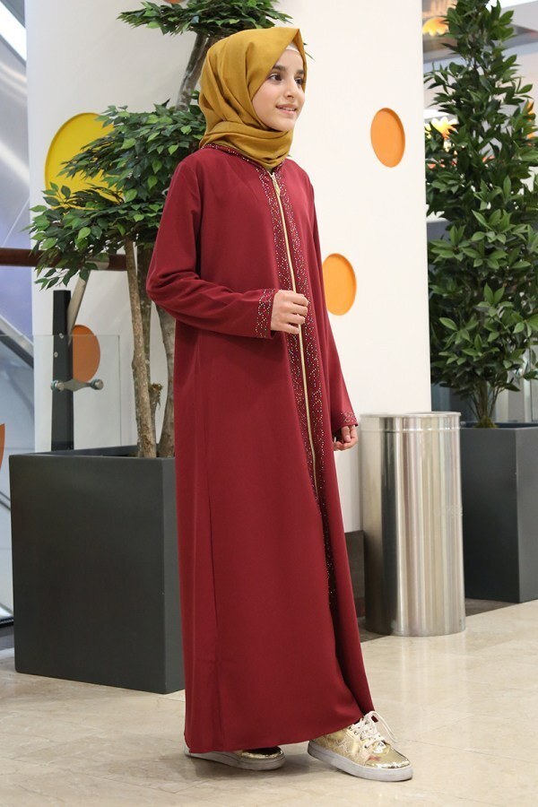 Maroon Hooded Girls Abaya