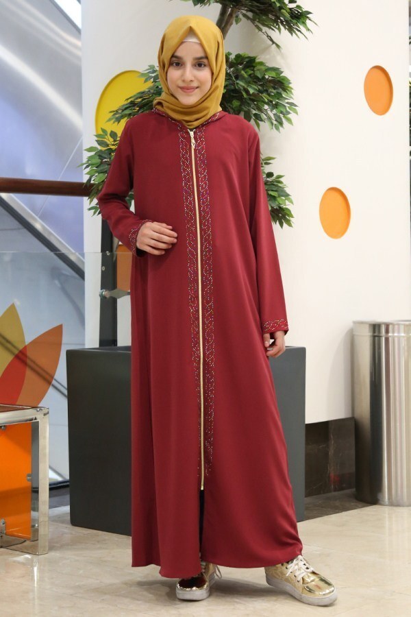 Maroon Hooded Girls Abaya