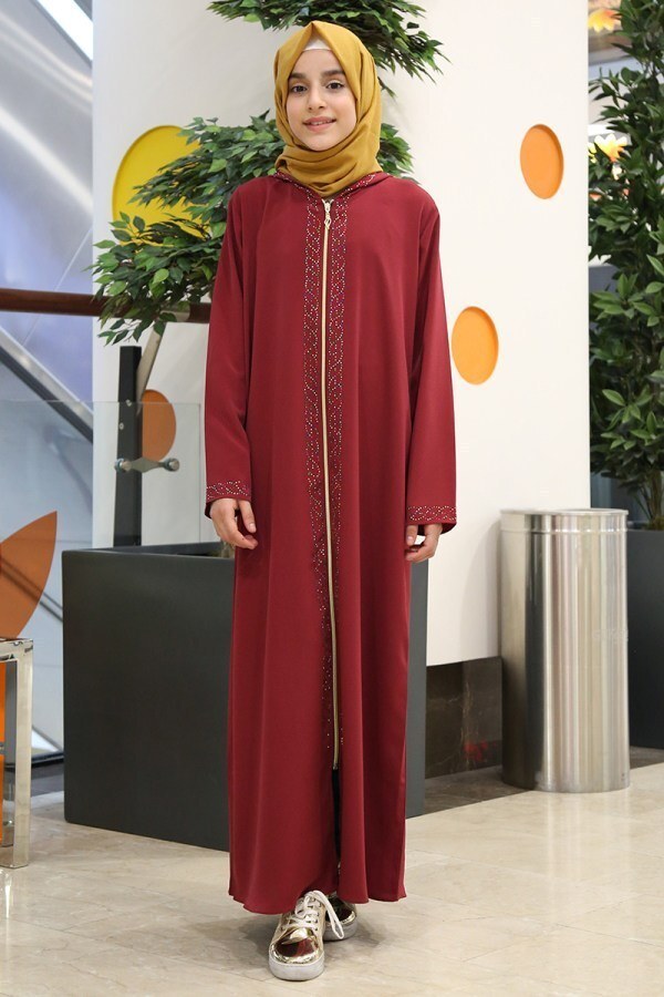 Maroon Hooded Girls Abaya