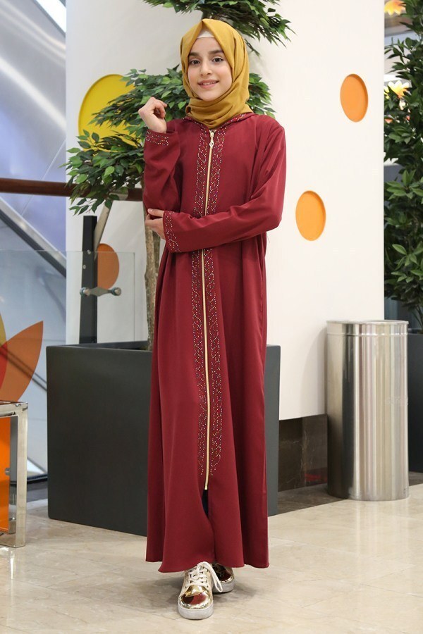 Maroon Hooded Girls Abaya