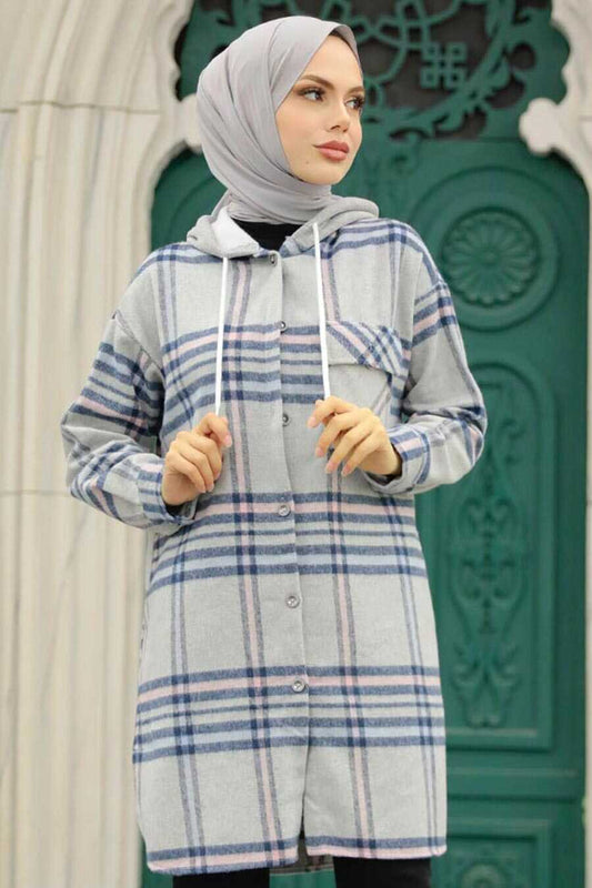 Gray Plaid Hooded Overshirt