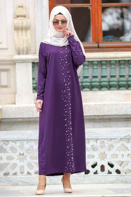 Purple Turkish Abaya with Pearls - Chaddors