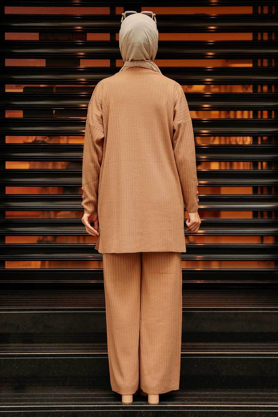 Tan Knitted Suit with buttons detailing